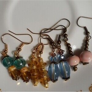 Beaded earrings the four pair handmade dangle drop blue gold pink green new nwot